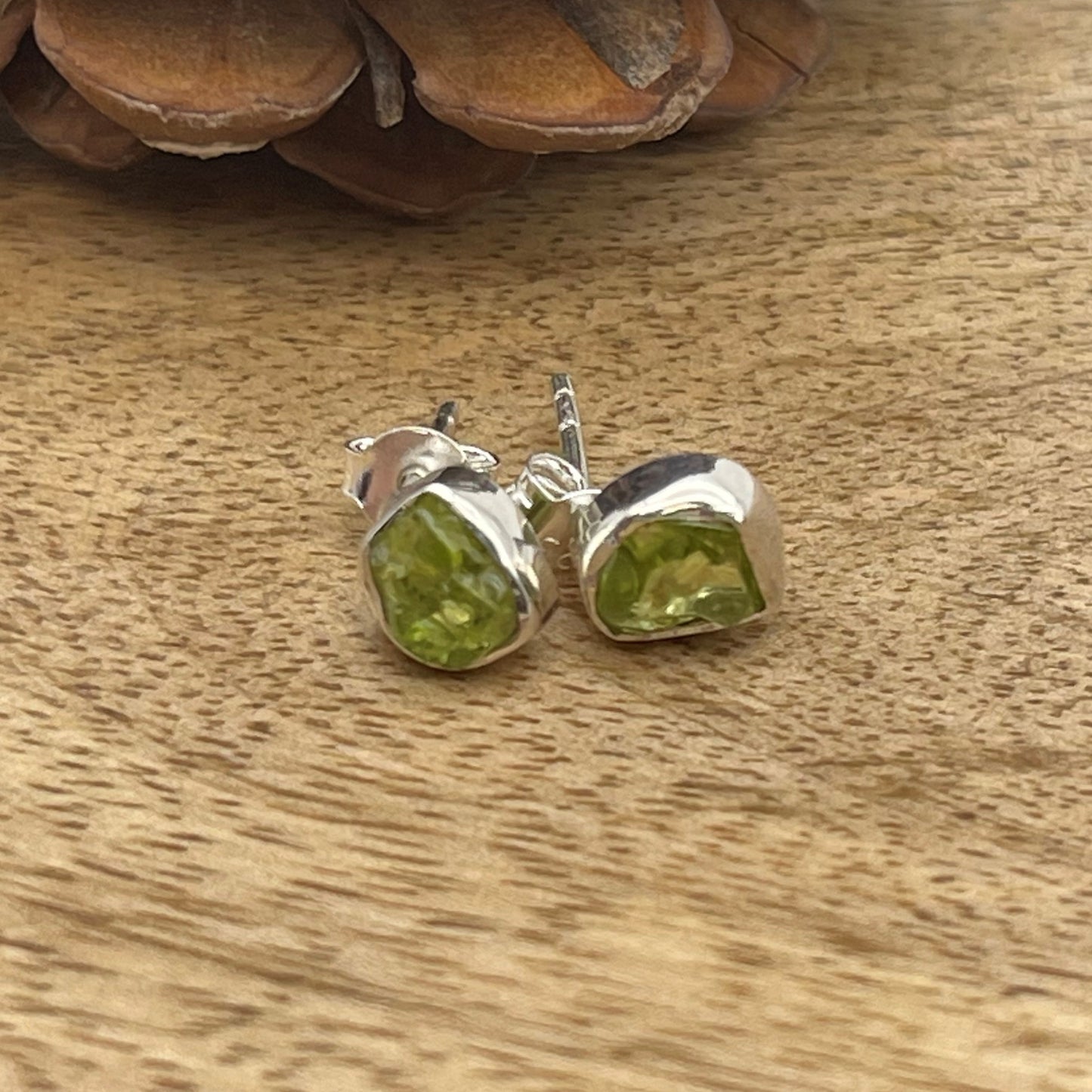 Natural Genuine Raw Peridot Stud Earrings - Sterling Silver