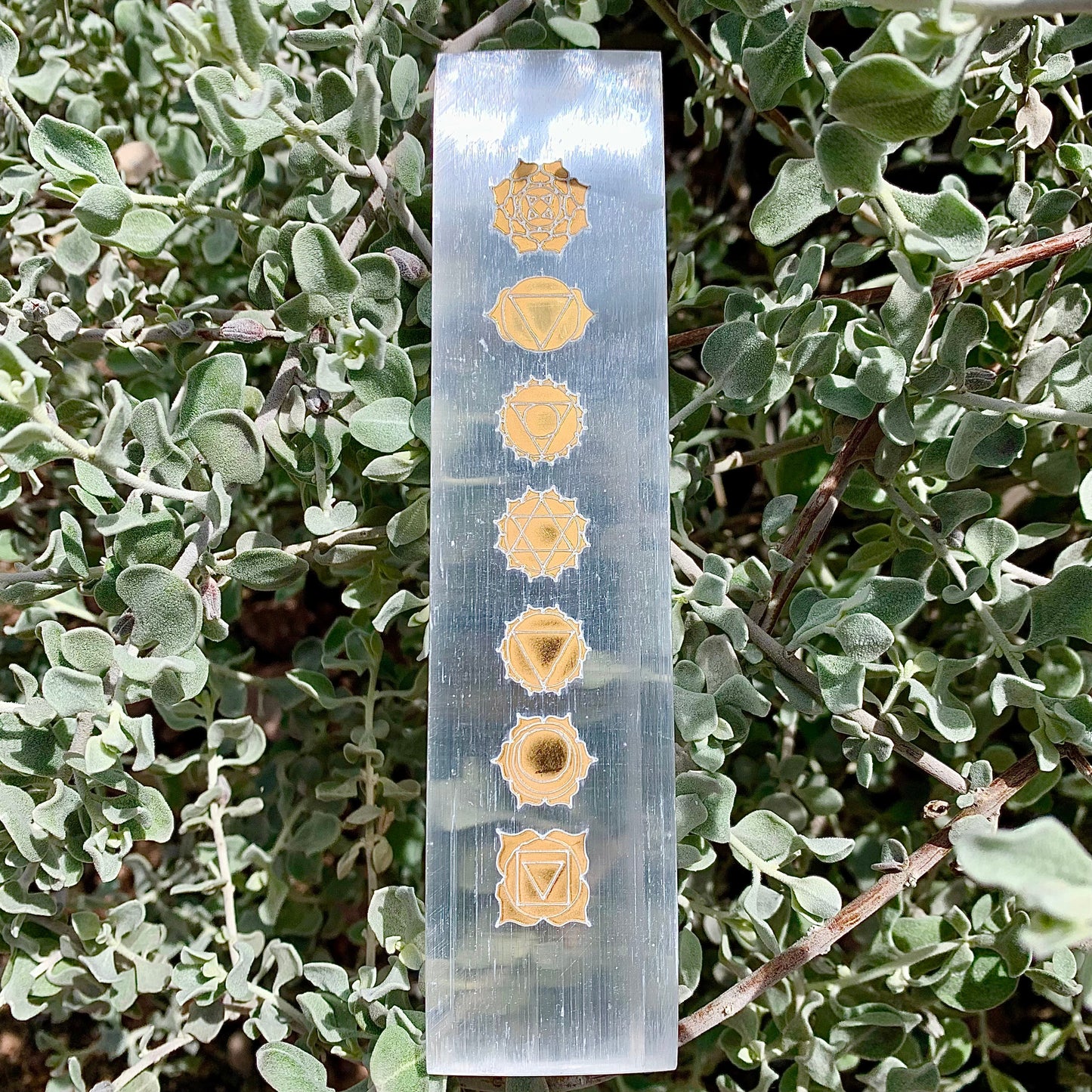 SELENITE Rectangular Plate with Seven Chakra Symbols (Draft for Bandar Review) Stones Crystal Shop