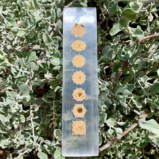 SELENITE Rectangular Plate with Seven Chakra Symbols (Draft for Bandar Review) Stones Crystal Shop