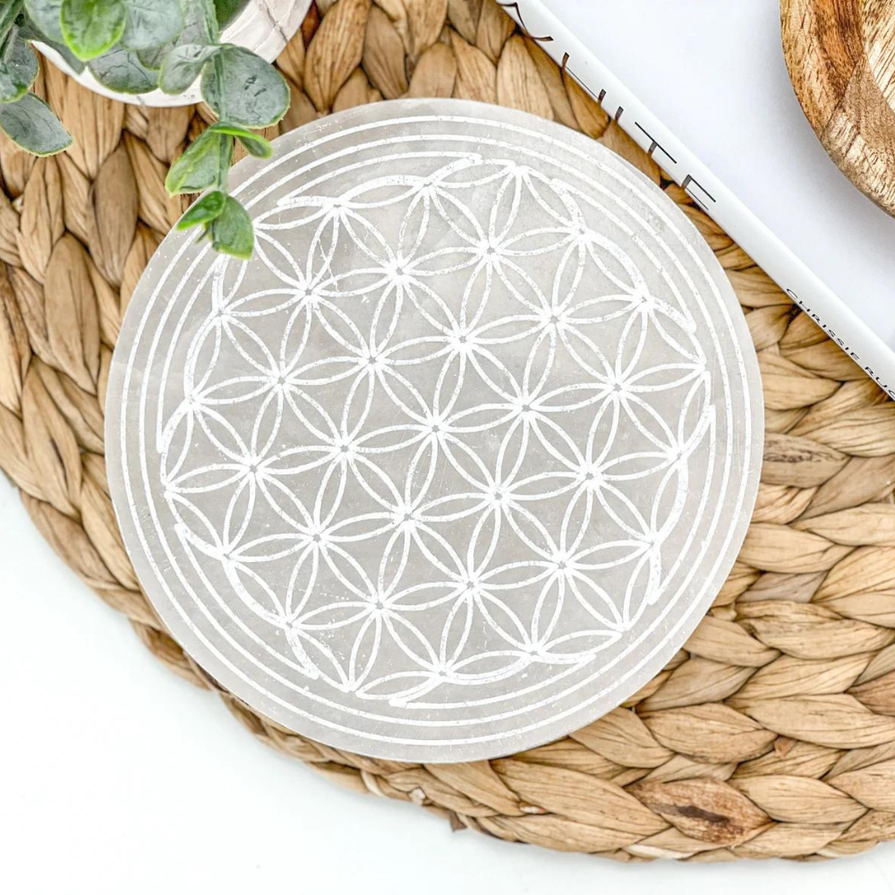 Selenite Flower of Life Round Charging Plate (Draft for Bandar review) Stones Crystal Shop