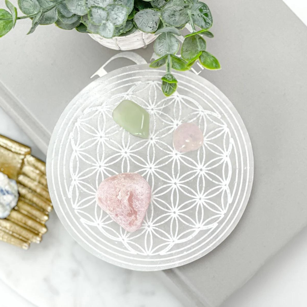 Selenite Flower of Life Round Charging Plate (Draft for Bandar review) Stones Crystal Shop