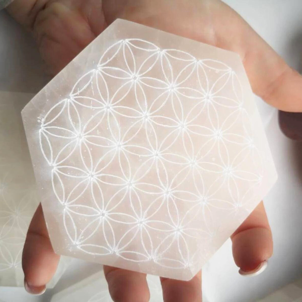 Selenite Hexagon Flower of Life Charging Plate (Draft for Bandar review) Stones Crystal Shop