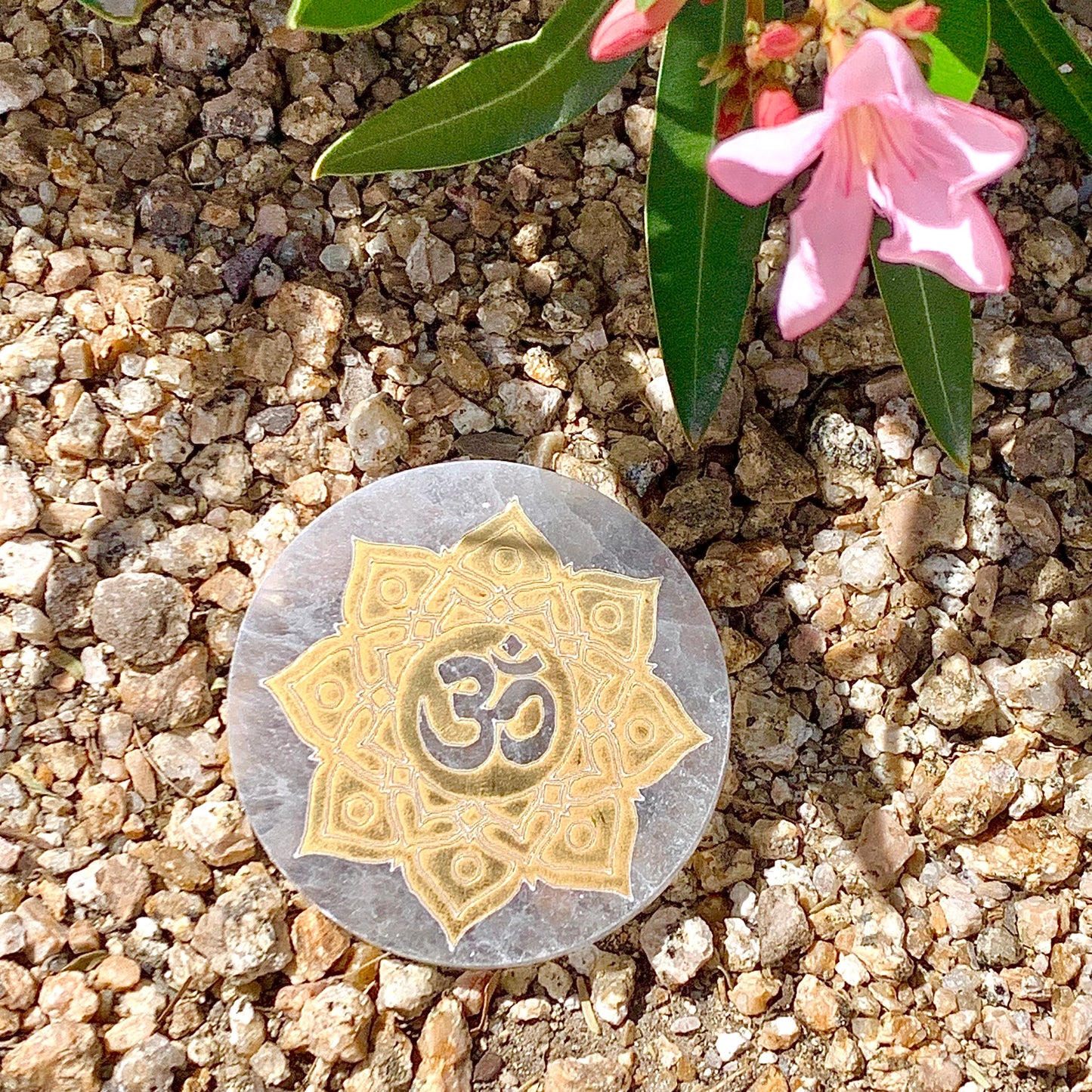 Selenite Round Charger Etched Lotus with Om (Draft for Bandar review) Stones Crystal Shop