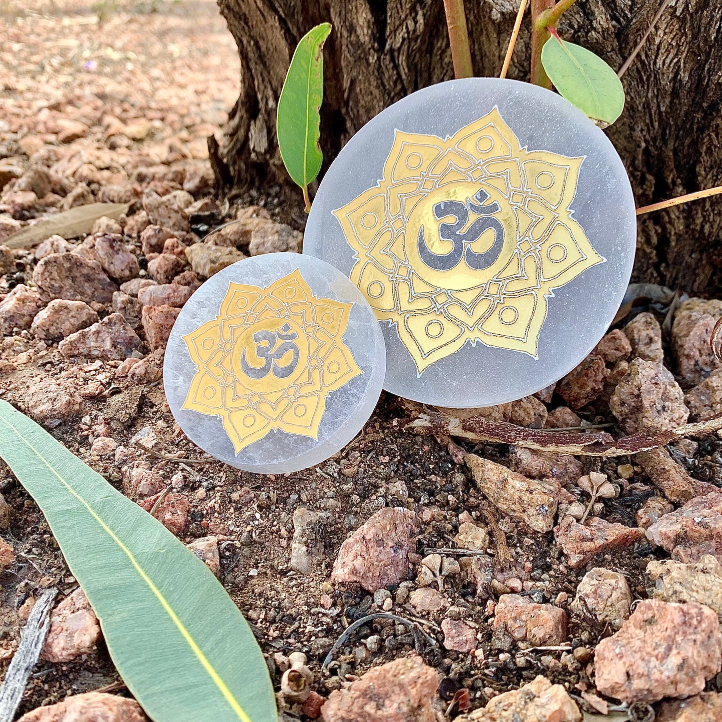 Selenite Round Charger Etched Lotus with Om (Draft for Bandar review) Stones Crystal Shop