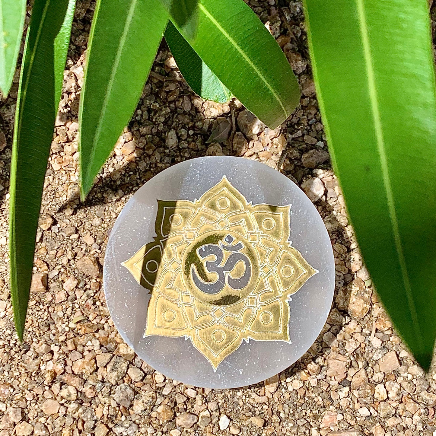 Selenite Round Charger Etched Lotus with Om (Draft for Bandar review) Stones Crystal Shop