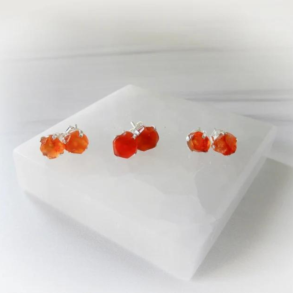 Genuine Carnelian Gemstone Stud Earrings - Sterling Silver