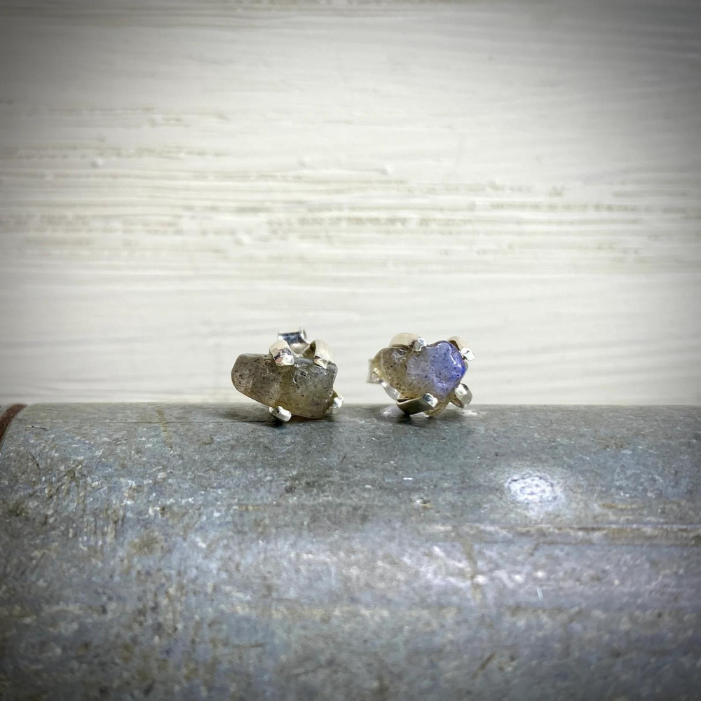 Rough Genuine Labradorite Gemstone Stud Earrings