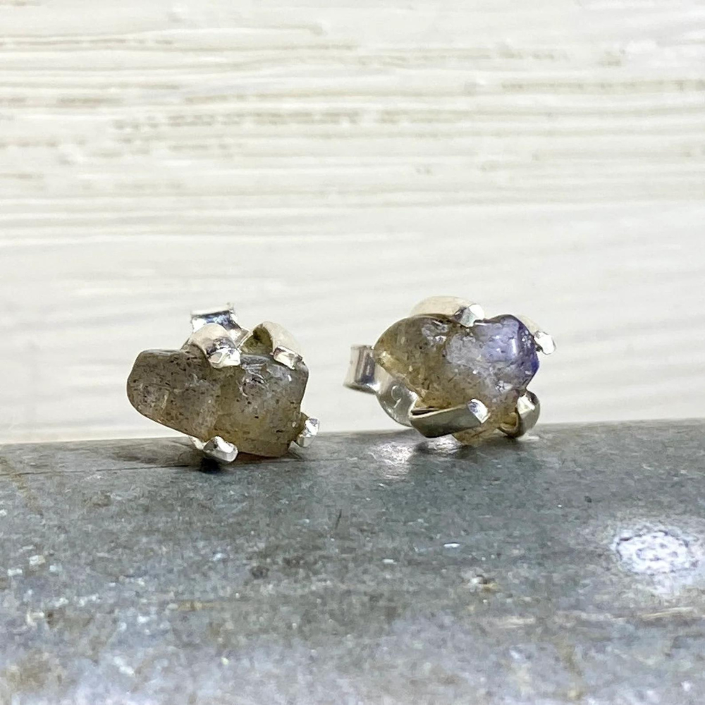 Rough Genuine Labradorite Gemstone Stud Earrings