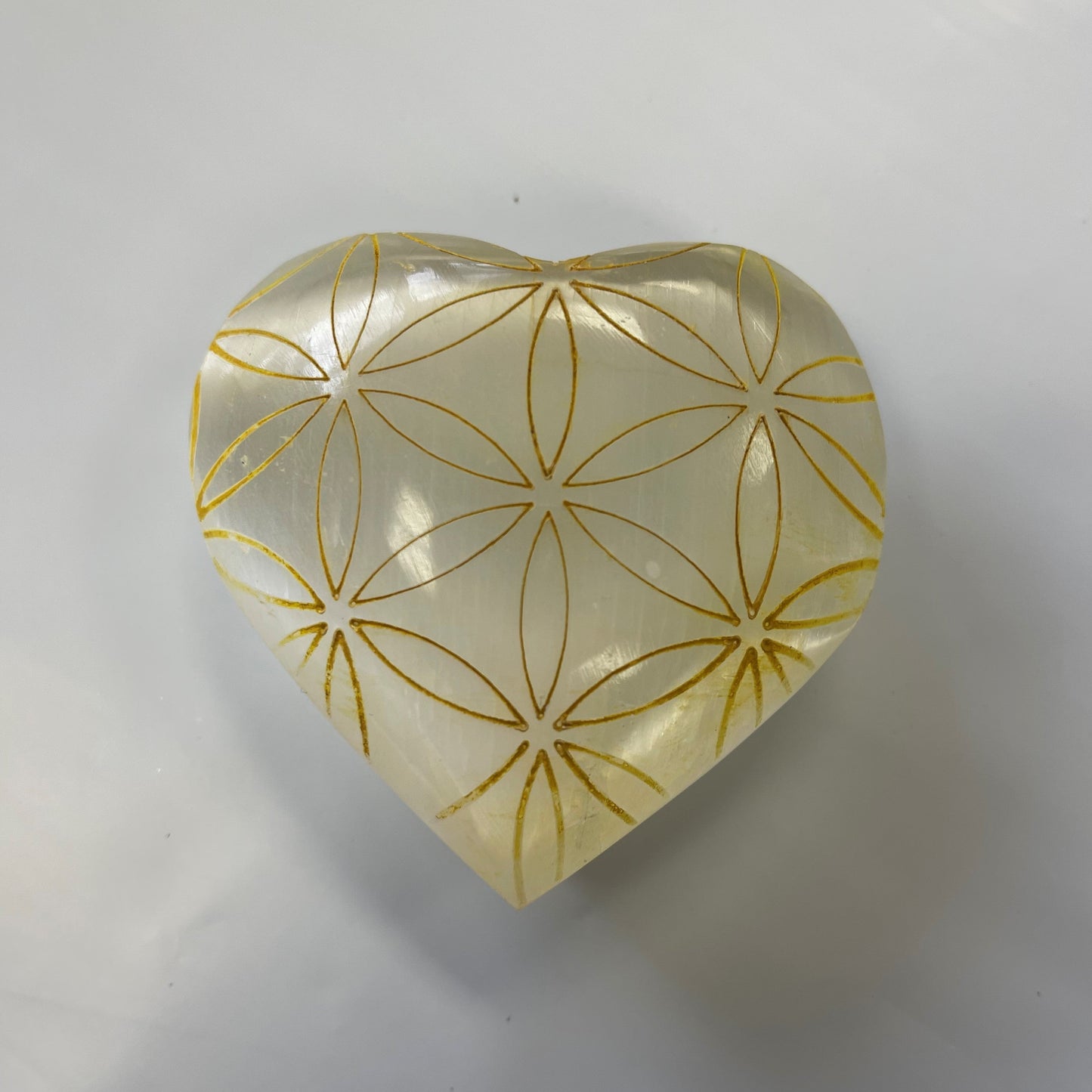 Flower of Life Selenite Heart (Draft for Bandar Review) Stones Crystal Shop