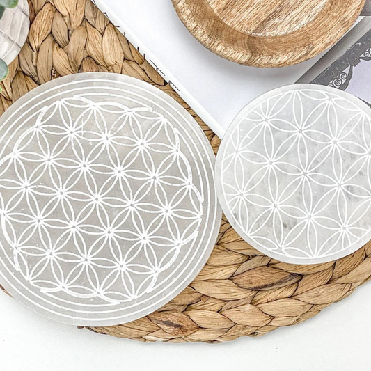 Selenite Flower of Life Round Charging Plate  (Draft for Bandar review) Stones Crystal Shop