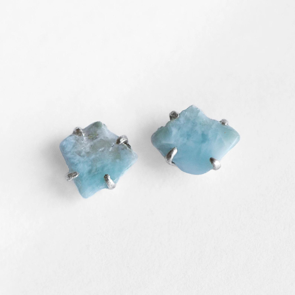 Genuine Rough Larimar Sterling Stud Earrings