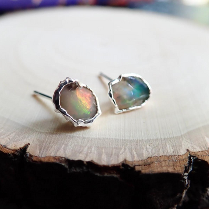 Genuine Fire Opal Gemstone Stud Earrings - Sterling Silver