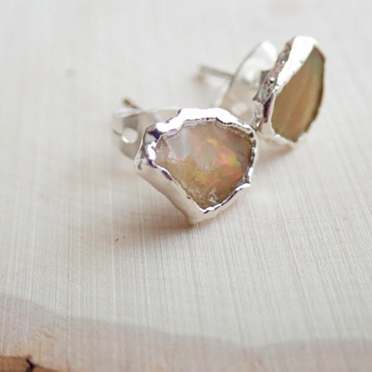 Genuine Fire Opal Gemstone Stud Earrings - Sterling Silver