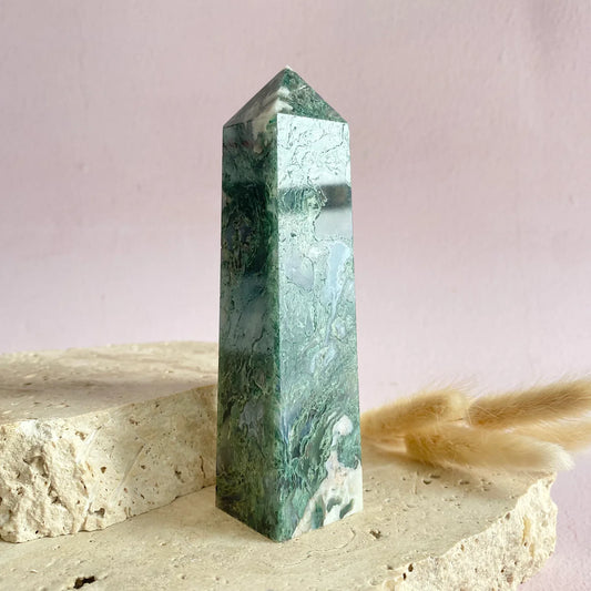 Green Moss Agate Tower - 4" Inches Tall - Activates Heart Chakra
